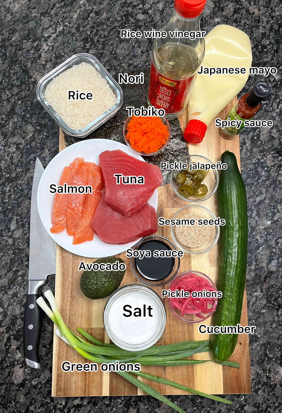 displaying the main ingredients used for this sushi burrito recipe