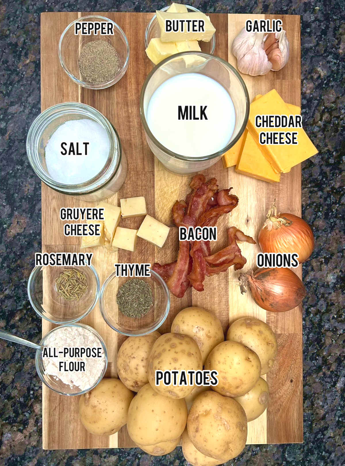 displaying the main ingredients used for the potatoes au gratin recipe