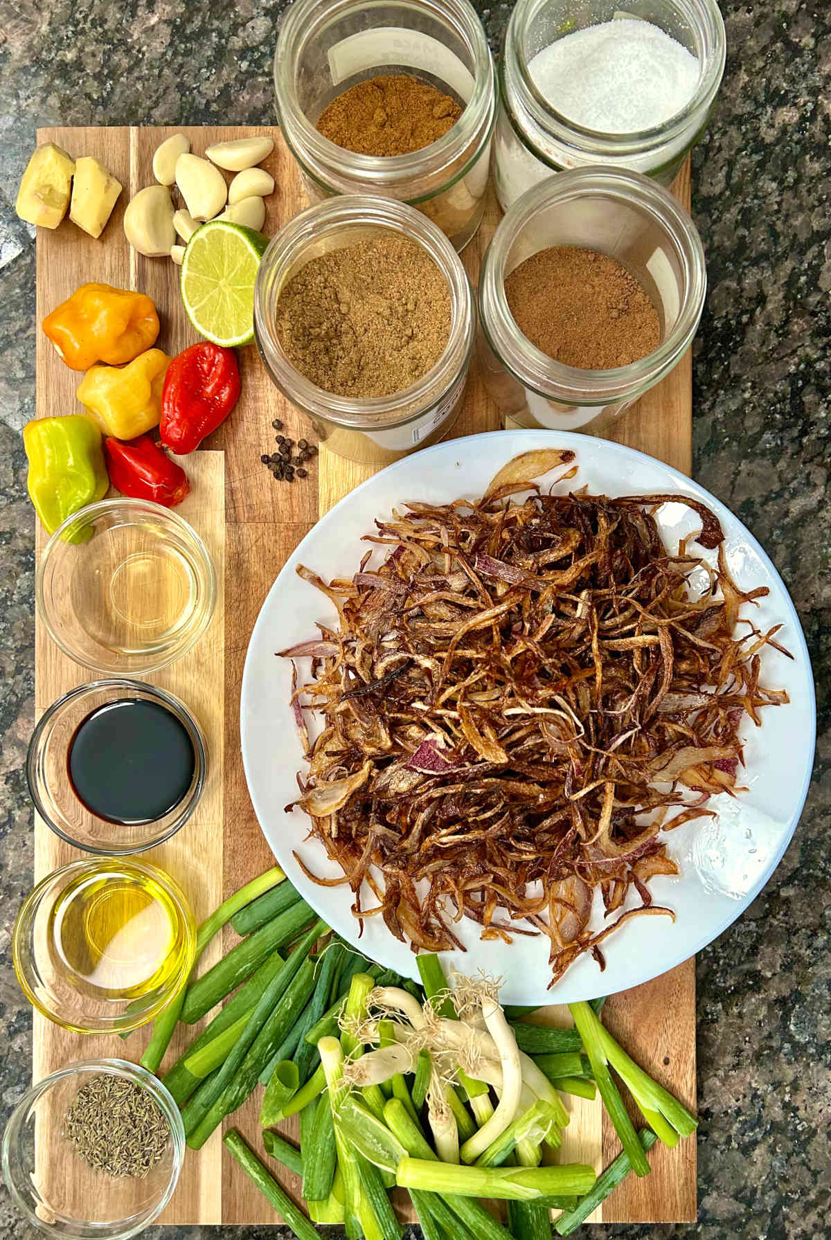 displaying the main ingredients for the jerk chicken marinade used in the dum biryani recipe