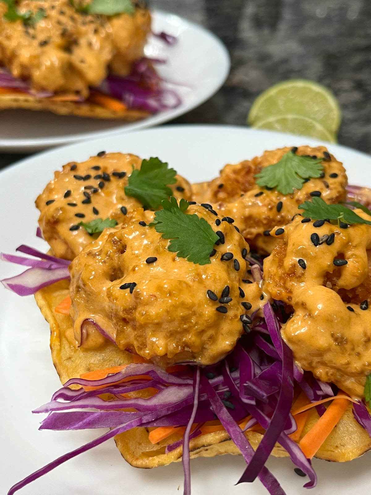 Close up shot of prawn Thai curry tostadas on a plate