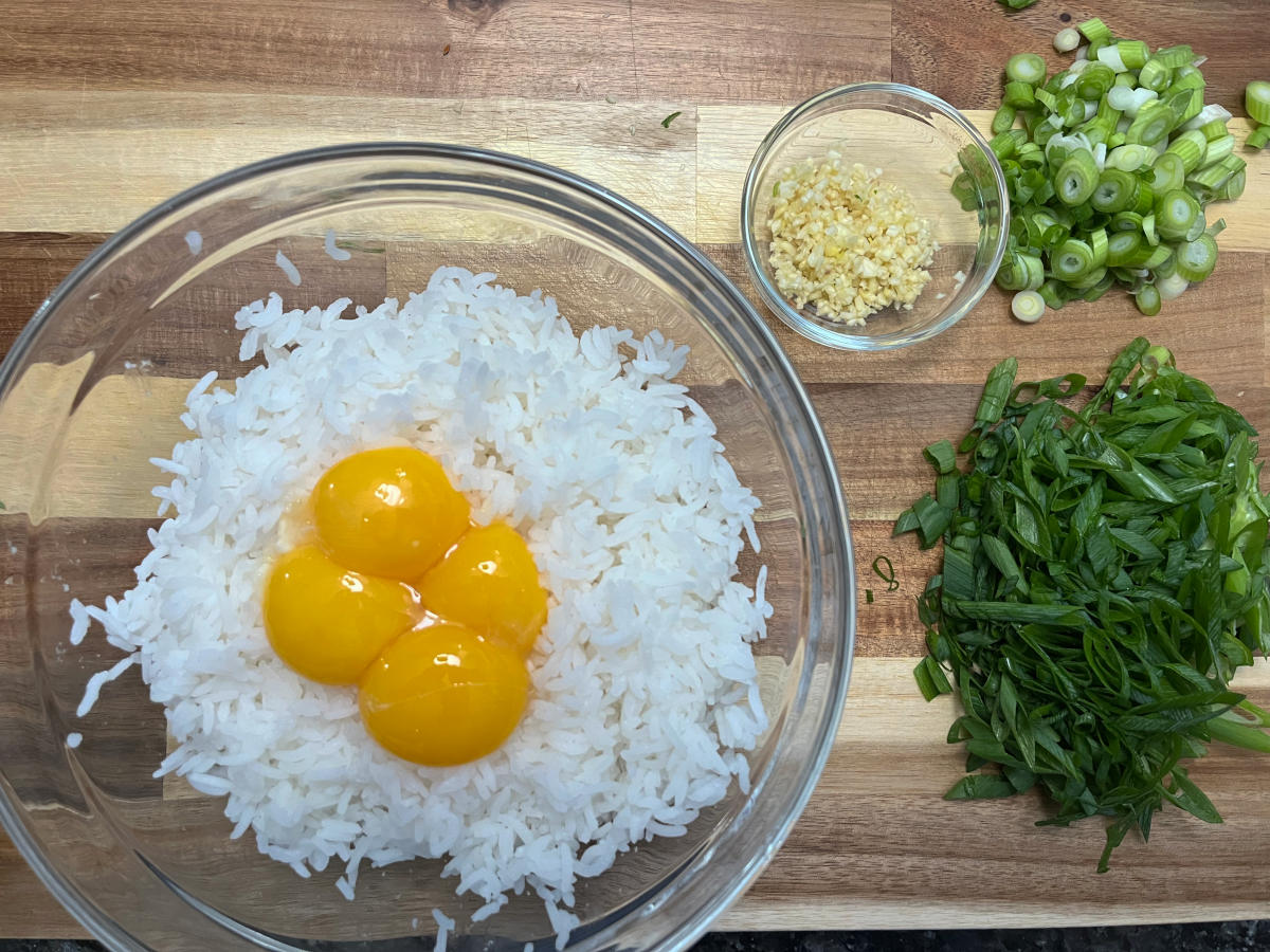 Displaying ingredients for the golden fried rice