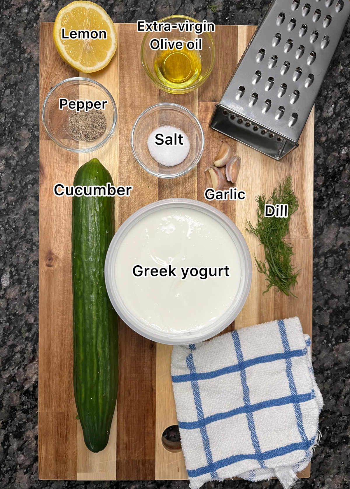 Displaying main ingredients for the homemade tzatziki sauce