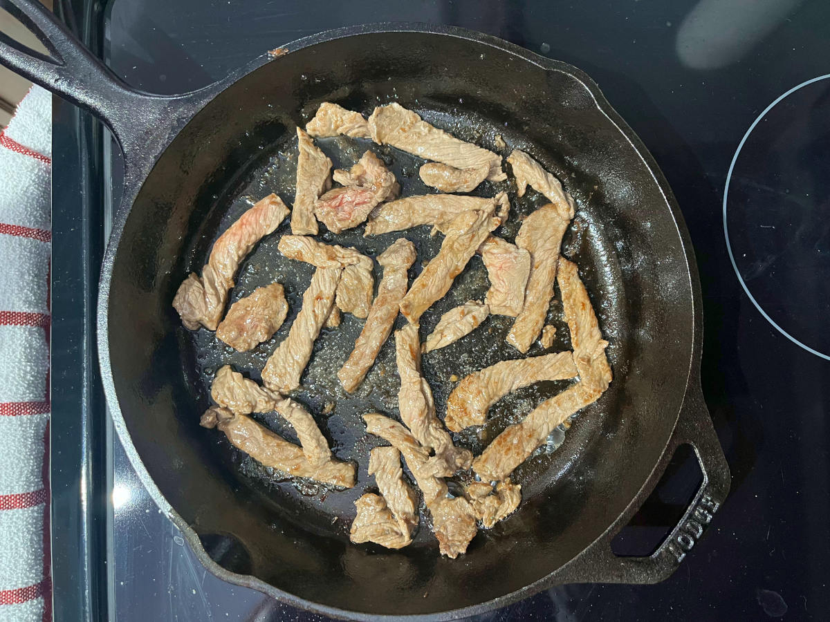 beef stir-fry in a skillet