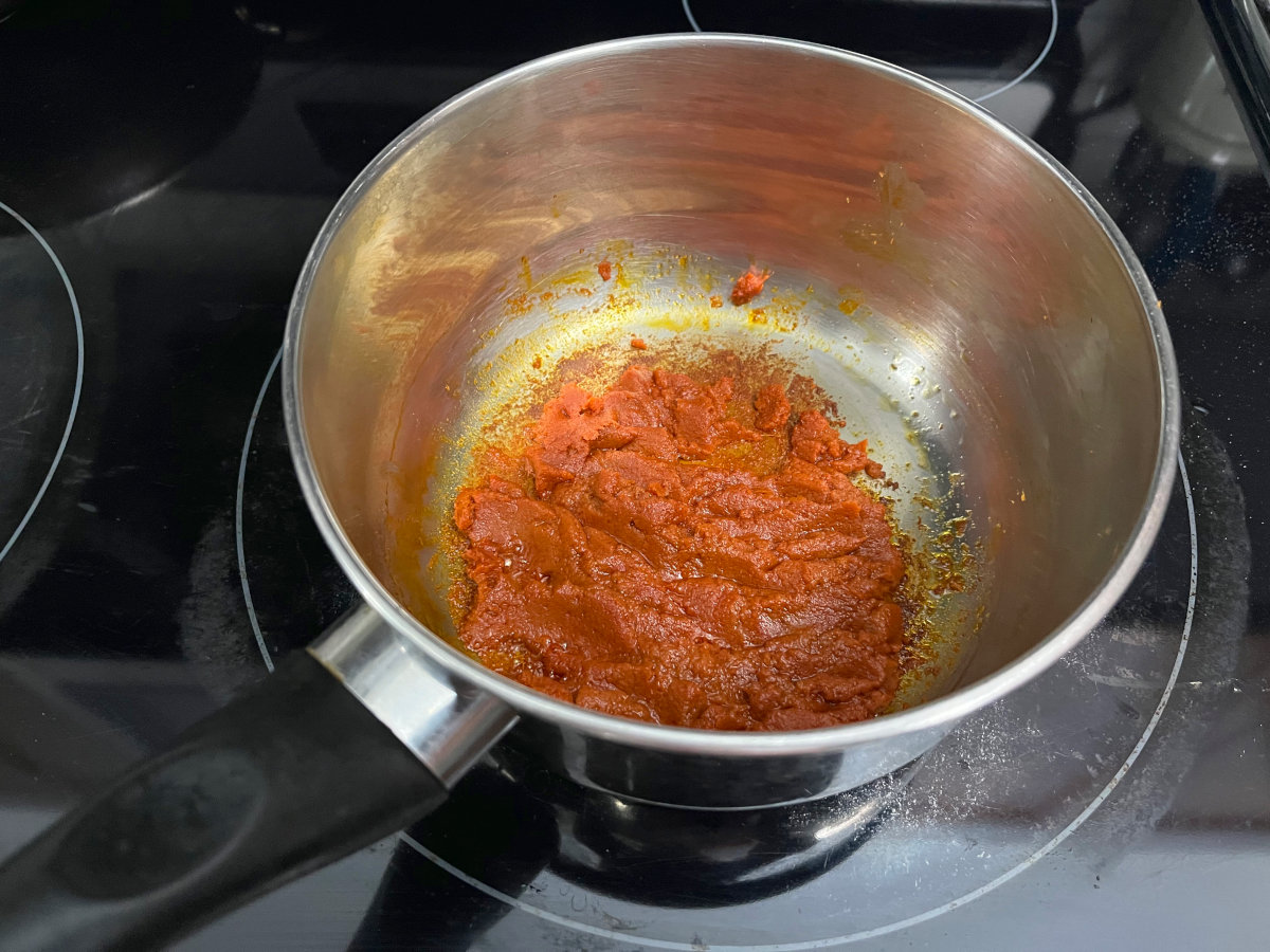 Thai red curry paste in a pan