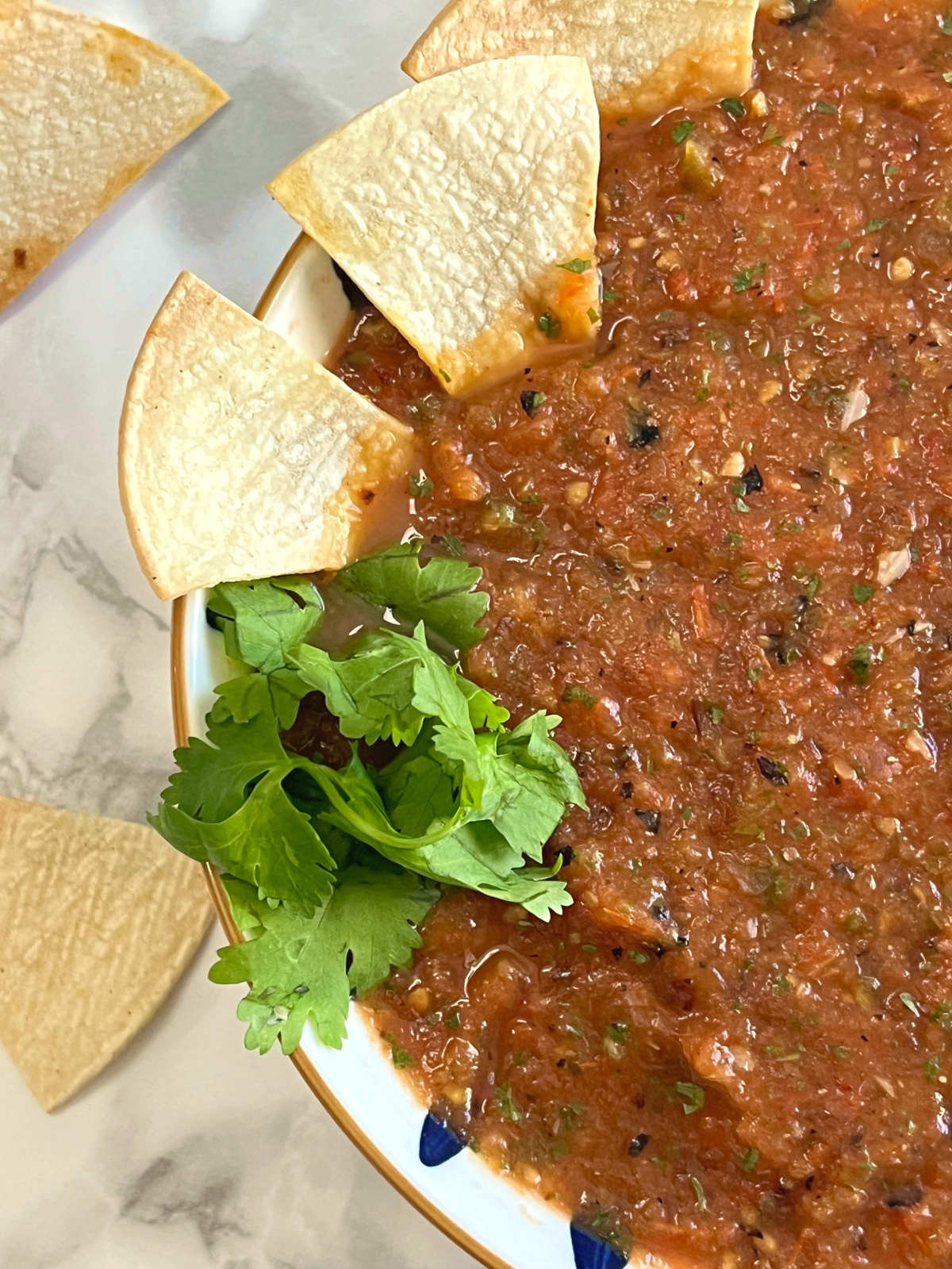 Roasted tomato salsa in a bowl with chips