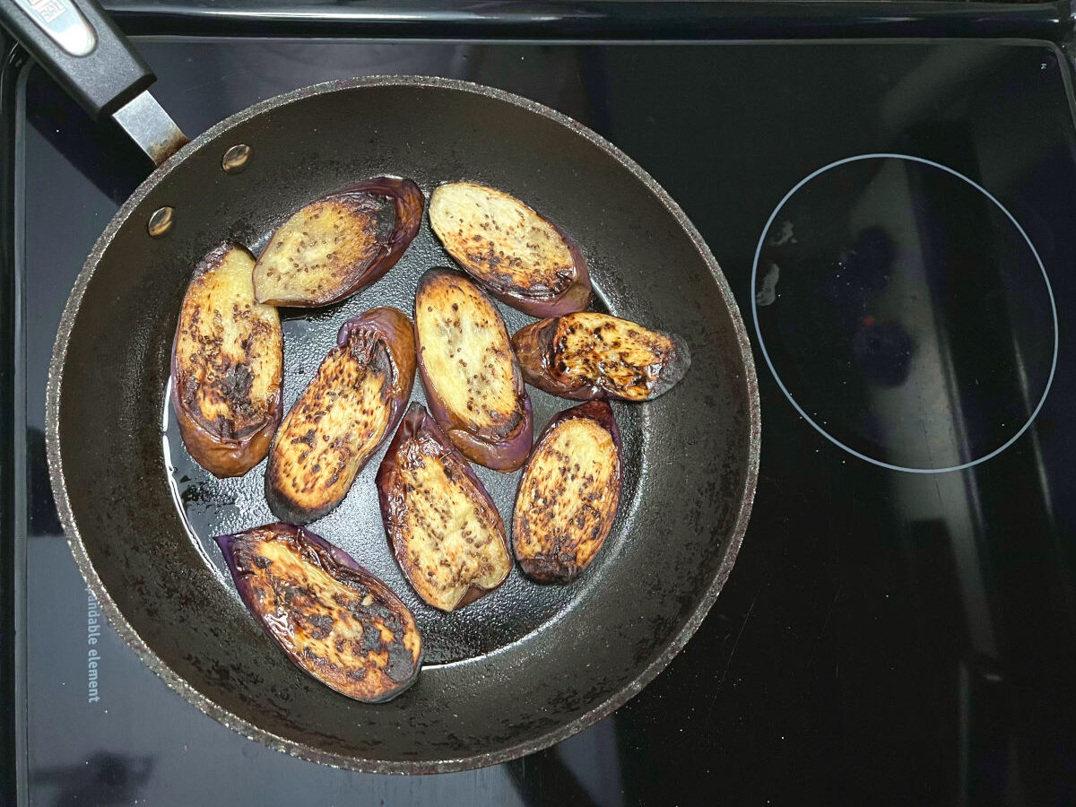 eggplants in a pan