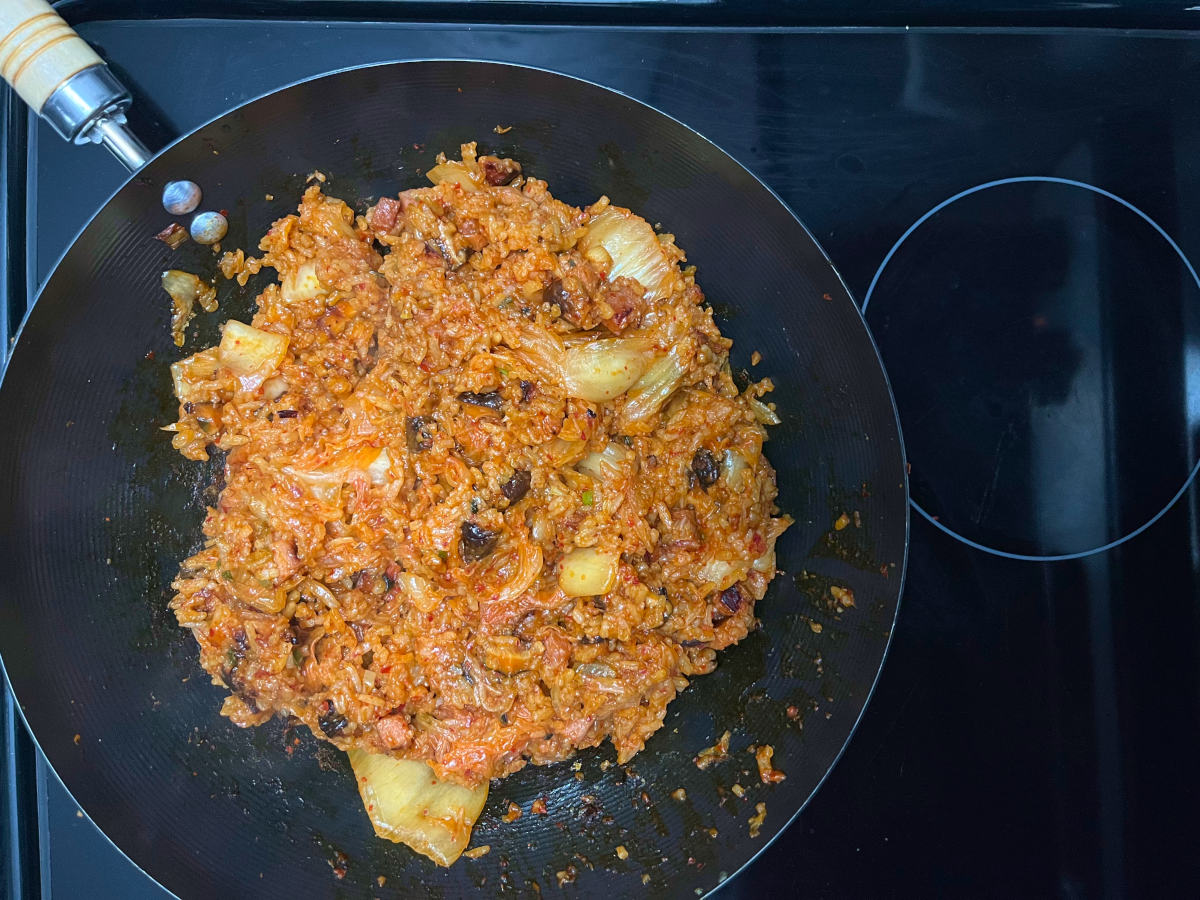 spicy kimchi fried rice in a wok