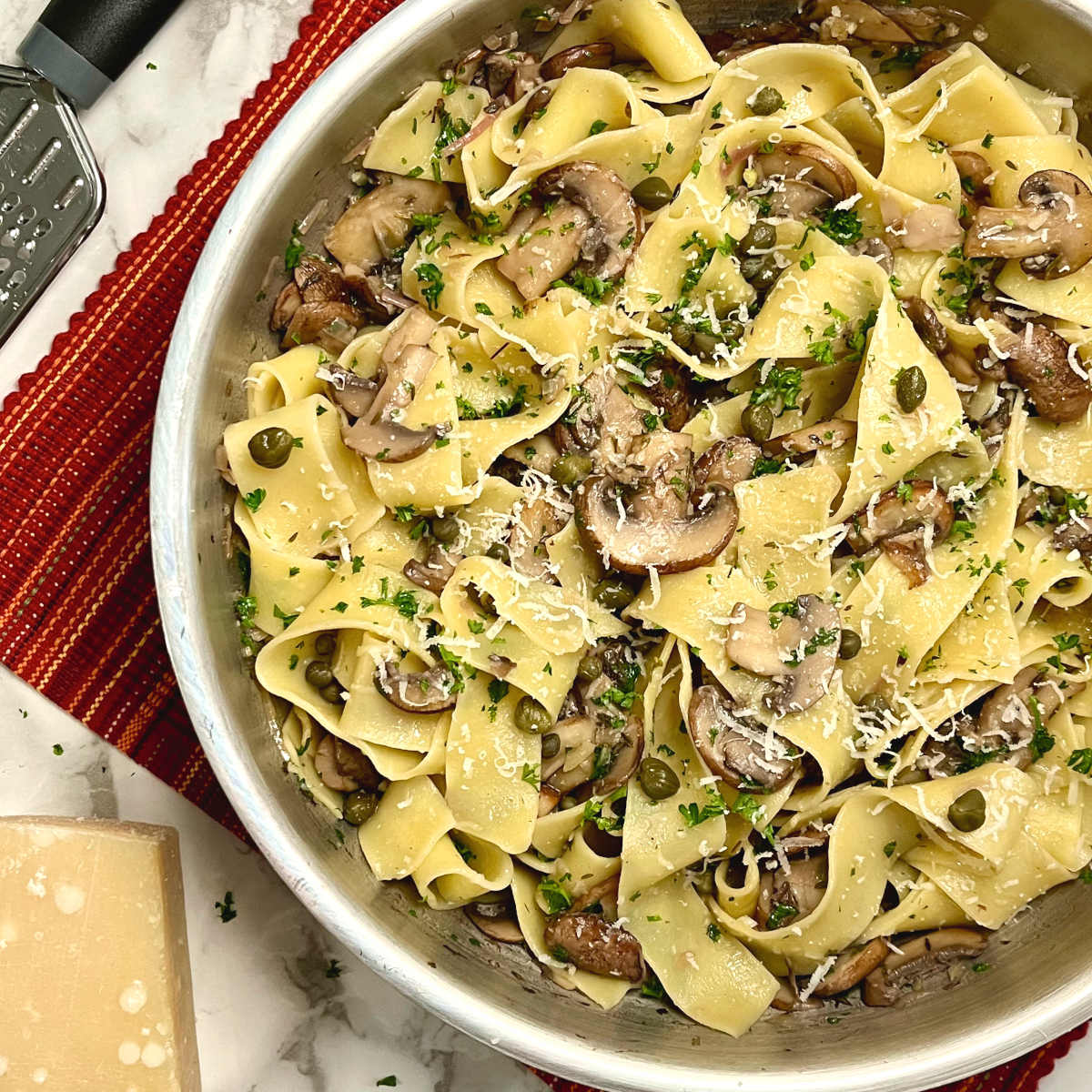 mushroom pappardelle in a bowl