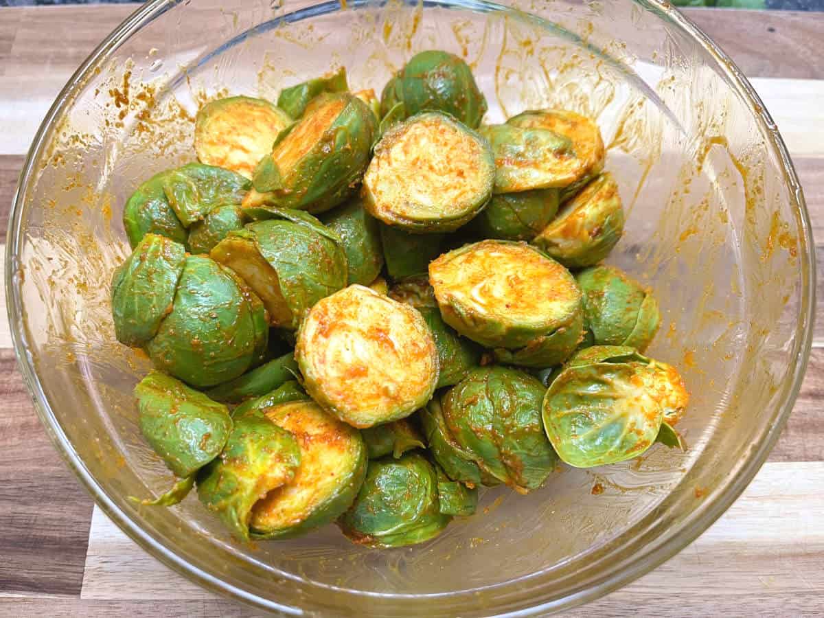 marinated brussels sprouts in a bowl