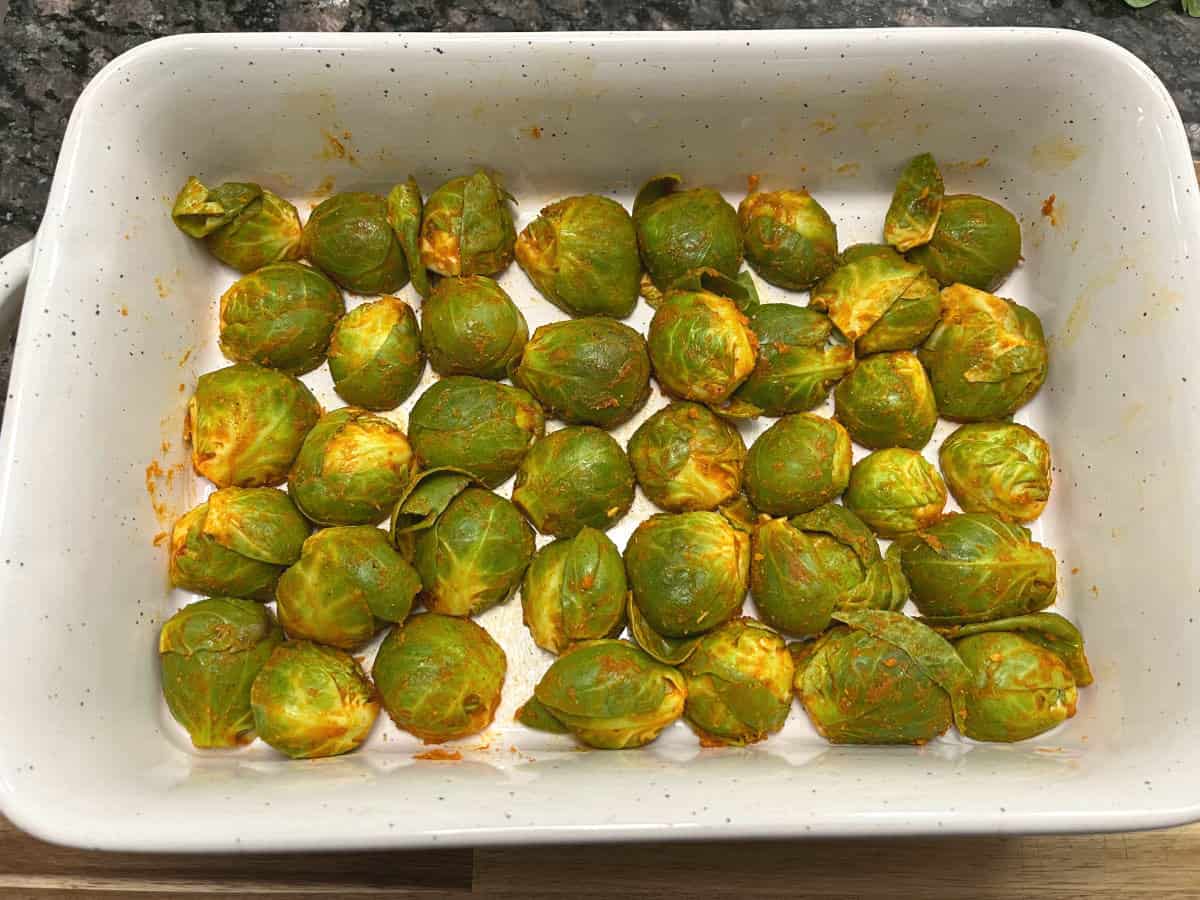 brussels sprouts in a baking dish