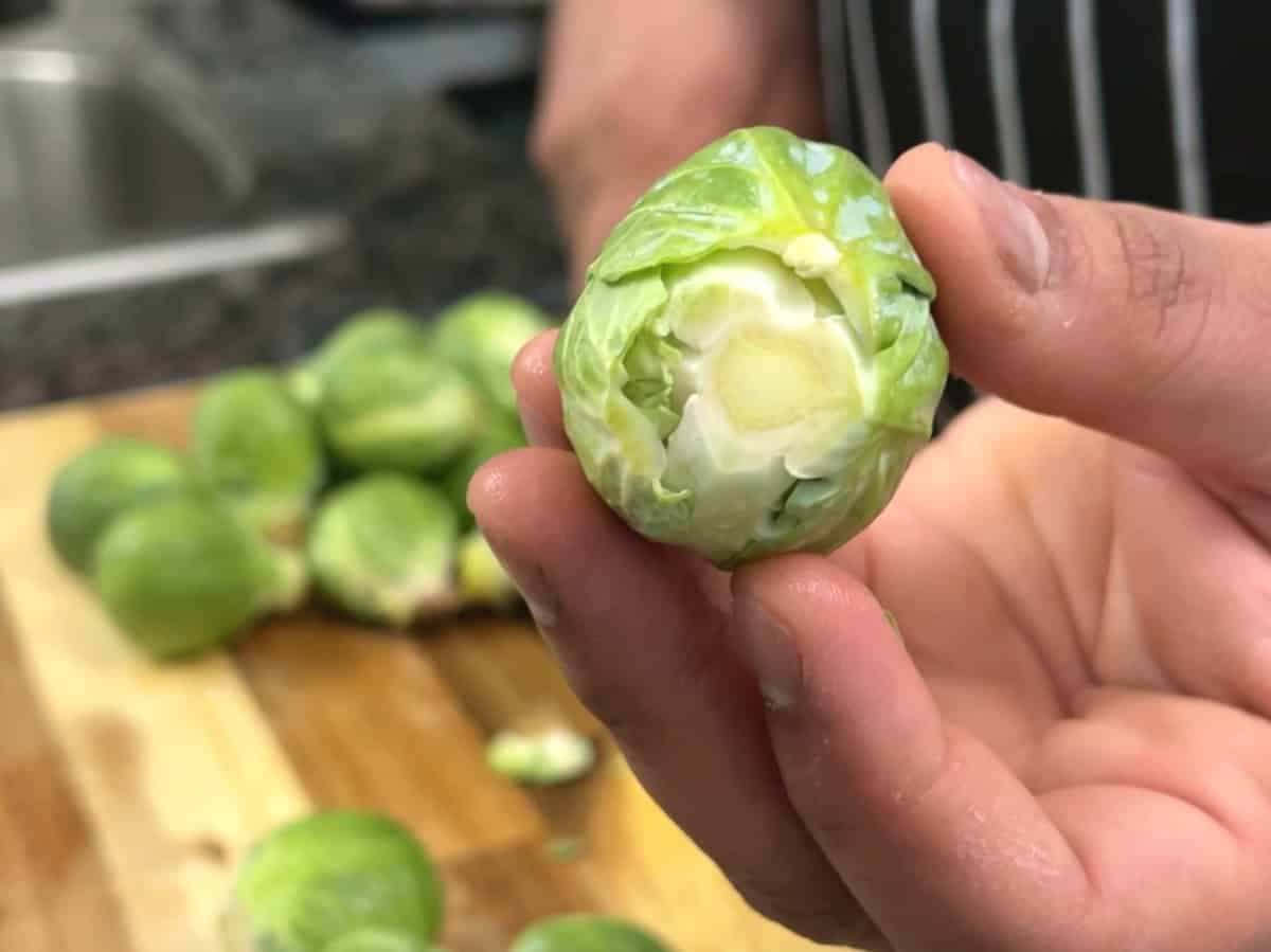 cook is showing a cut brussels sprout